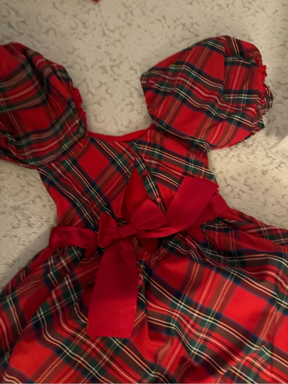 Red Plaid Puff-Sleeve Kids Dress